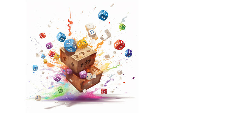 magical rolling dice flying outside a magical board game, illustration