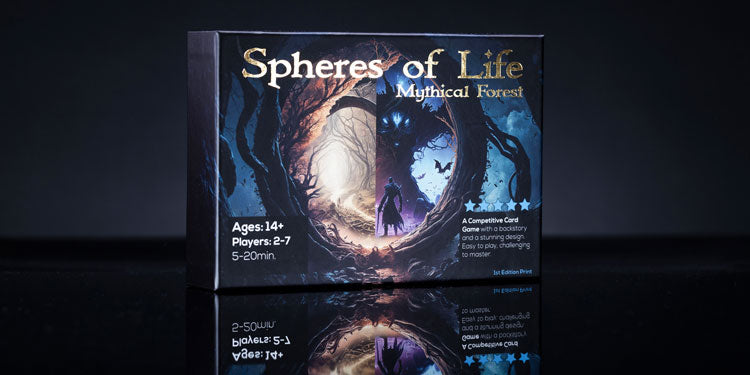 the spheres of life: mythical forest, on a dark moody background, stylized phtoto