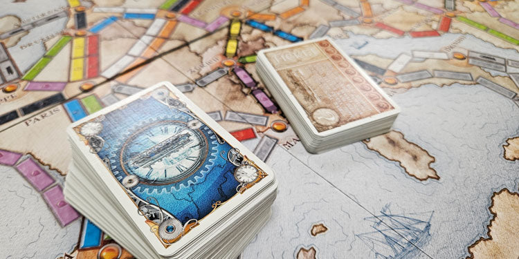 board and cards of ticket to ride board game