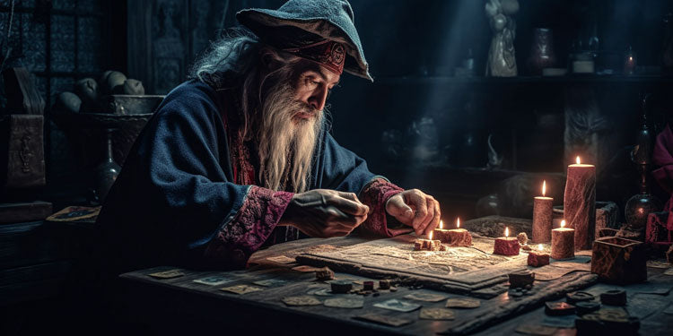 a wizard playing a magical board game