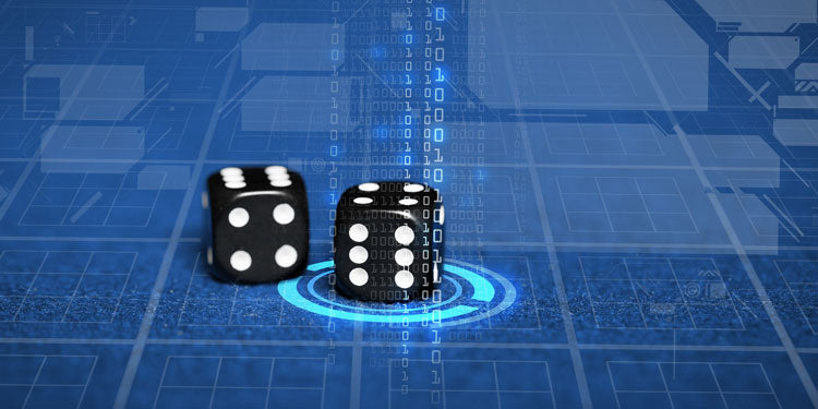 rolling dice in digital world, blue tones