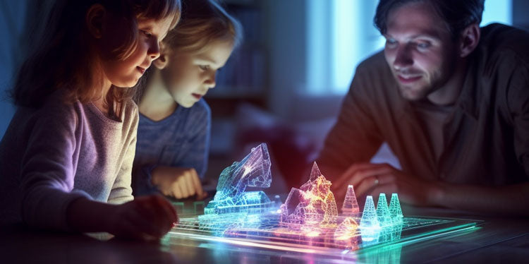 illustration of a family playing a hologram based board game