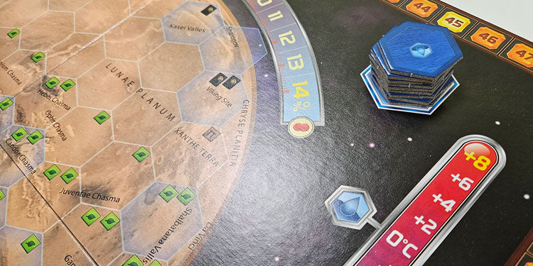 close up of temperature, ocean tiles, and oxygen level of terraforming mars board game