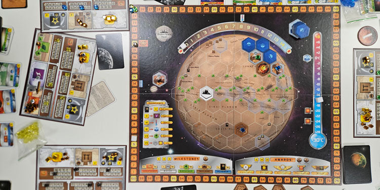 board, components and active gameplay example of terraforming mars board game, a review