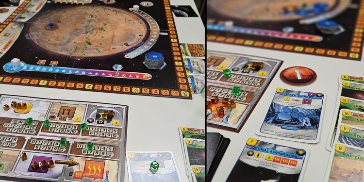 collage of terraforming mars board game components, close up of cards and player mats
