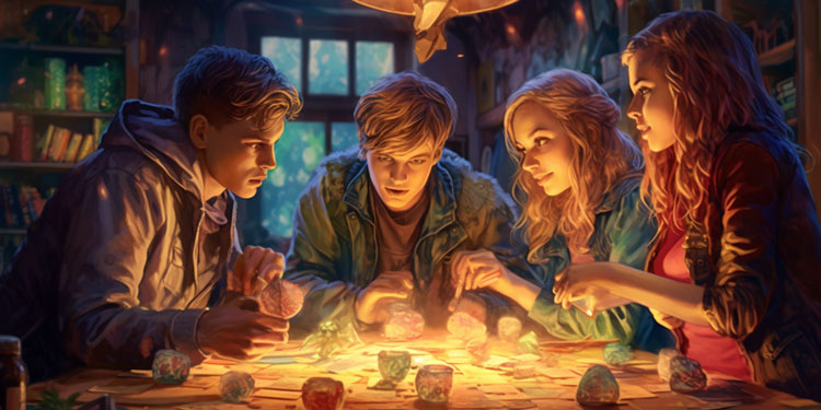 four friends playing a fantasy game that comes to life, cartoon illustration