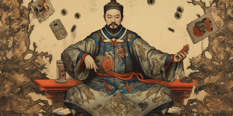 an illustration of a nobleman in ancient China playing cards