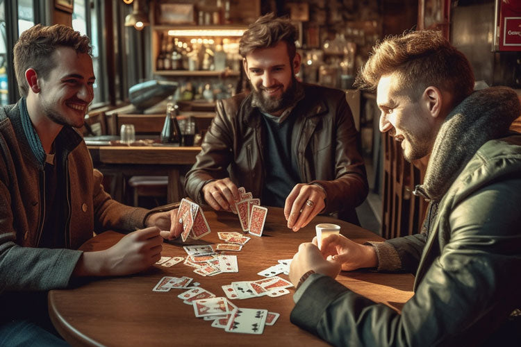 three friends playing cards at a bar
