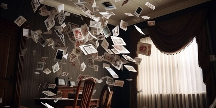 stylized image of playing cards flying all over a room