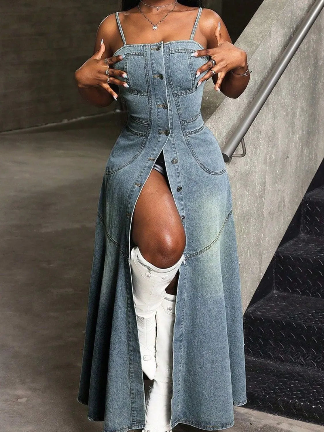 Smocked Button Front Denim Cami Dress