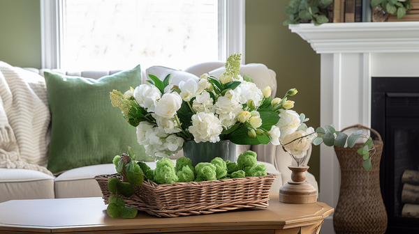 A cozy living room decorated for St. Patrick's Day with green and white flowers