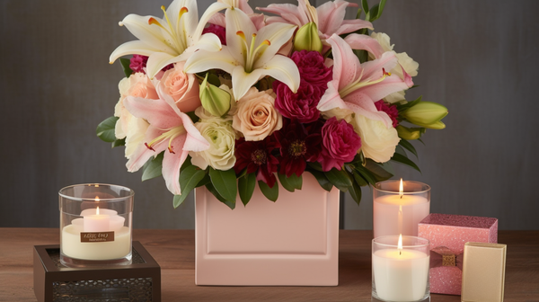 A beautiful Mother's Day flower arrangement with roses, orchids, and lilies in a vase, surrounded by candles and a gift box