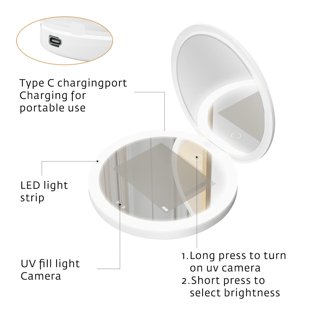 LED UV Camera for Sunscreen Test Travel Compact Vanity Mirror 