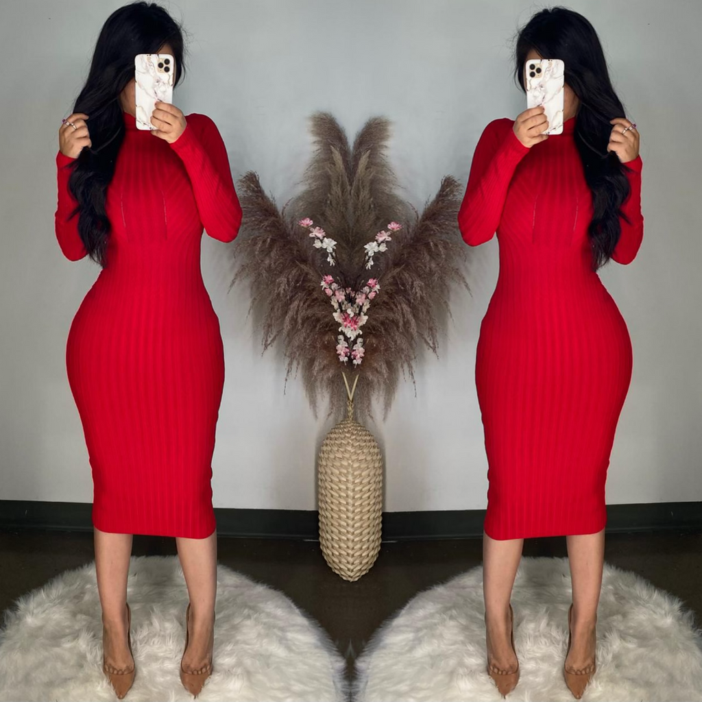 red ribbed midi dress