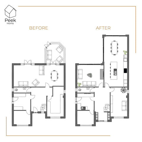 ground floor layout, redesign, ground floor floor plan, before and after