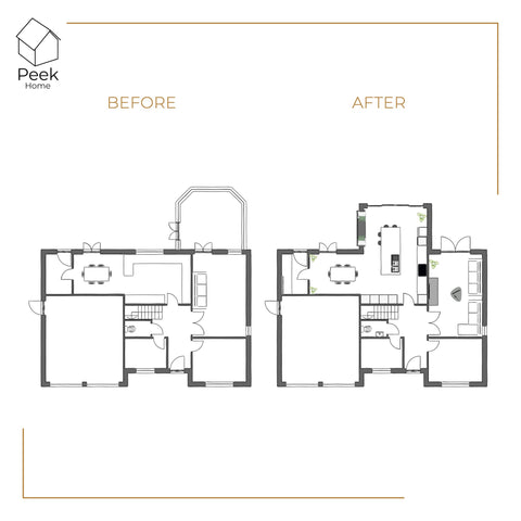 ground floor layout, ground floor redesign, incorporating conservatory, before and after