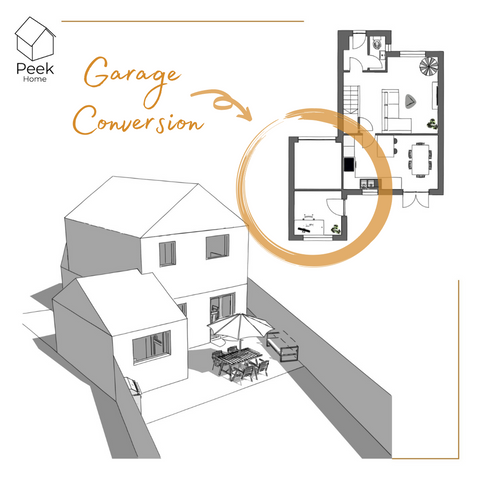 Sketch plan highlighting part garage conversion to home office