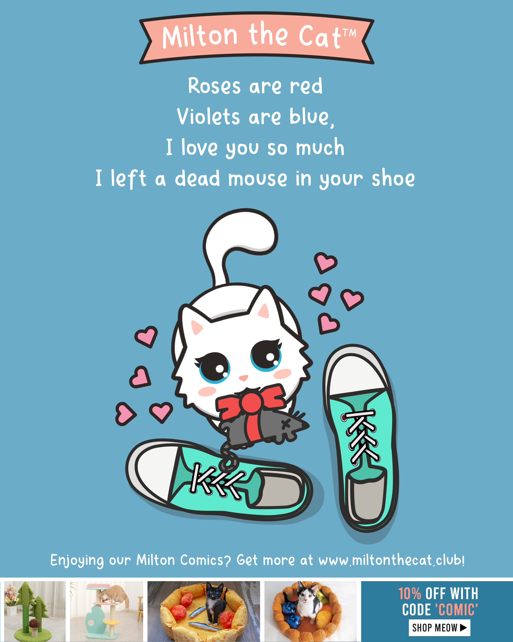 Text: Roses are red, violets are blue, I love you so much I left a dead mouse in your shoe. An illustration of a white, long-haired kitten putting a dead mouse in a pair of teal converse sneakers; the mouse is wrapped in a bow.
