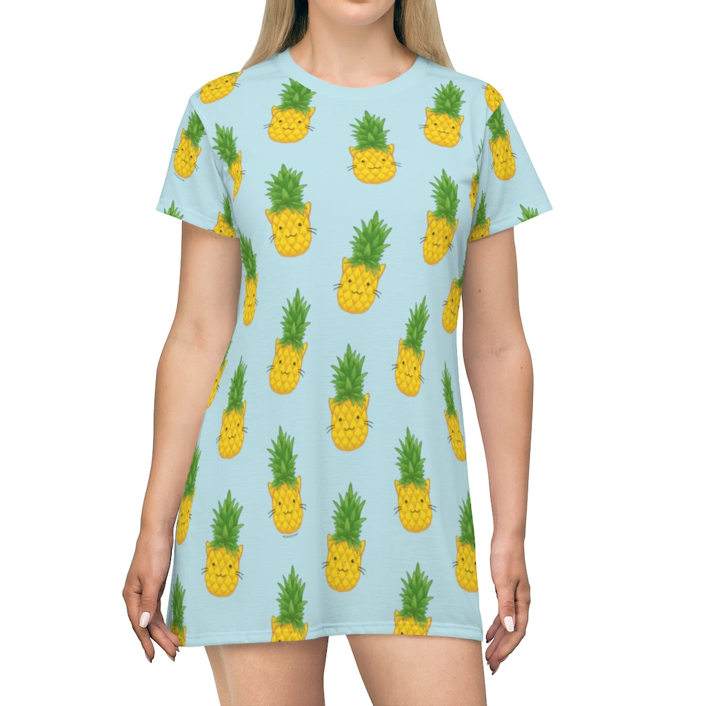 Tropical Pineapple Cat T-Shirt Dress