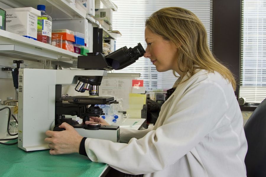 Woman examining blood samples through a microscope