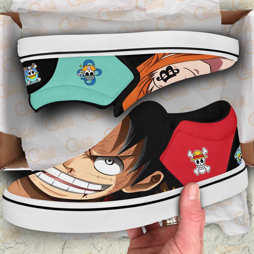 Nami And Luffy Slip On Sneakers Custom Anime One Piece Shoes Gear Anime