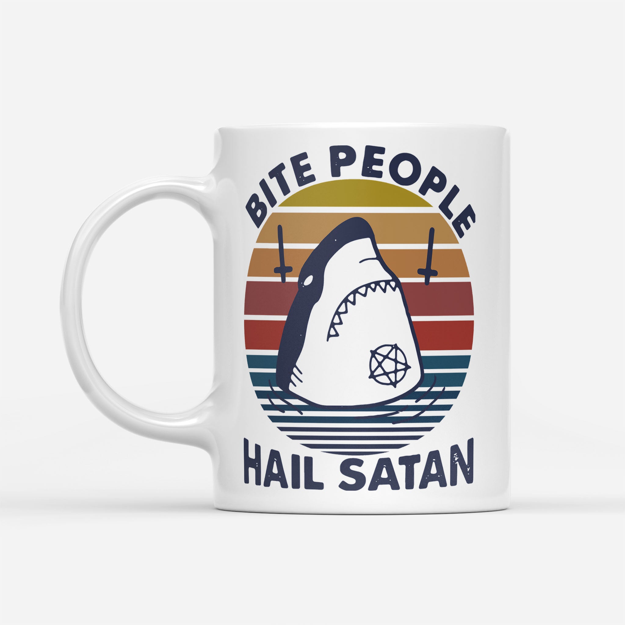 Shark Bite People Hail Satan Vintage - White Mug