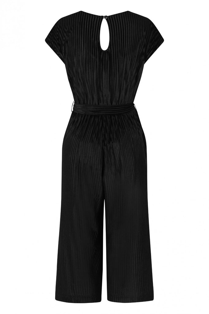 Hell Bunny Jazzy Black Velvet V Neck Wide Leg Jumpsuit