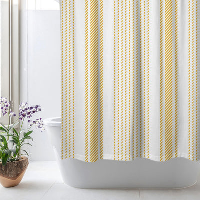 Golden Yellow Stripes White Rustic Farmhouse Shower Curtain CASSIDY