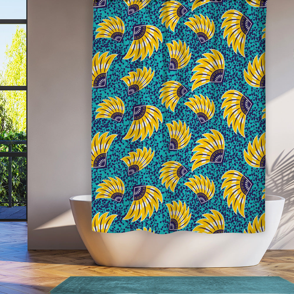 African Kitenge Yellow Navy Blue Floral Ethnic Shower Curtain