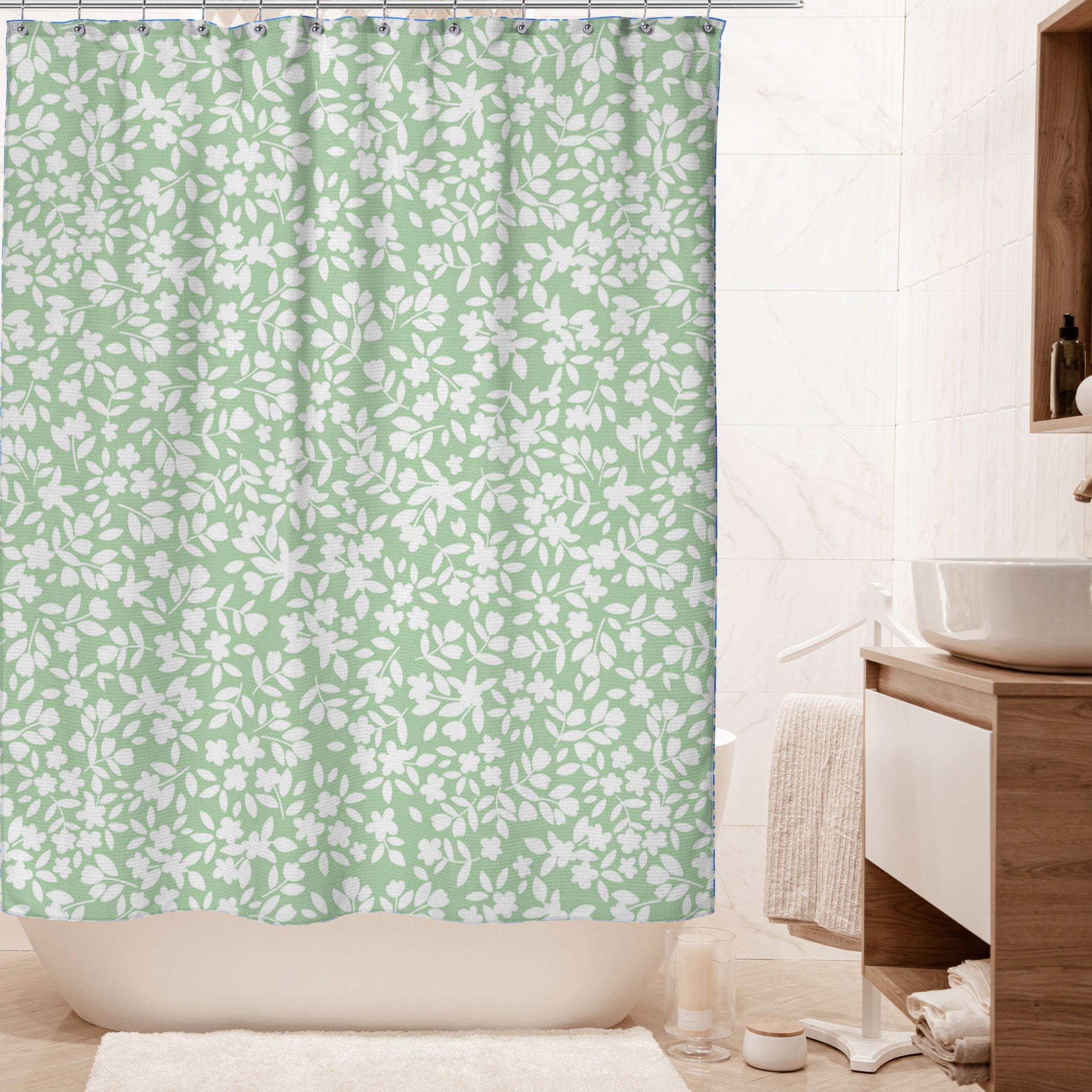 Navy Blue White Periwinkle Flowers Botanical Floral Shower Curtain