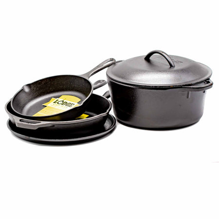 Lodge Cast Iron Fajita Set with Red Stained Wooden Underliner