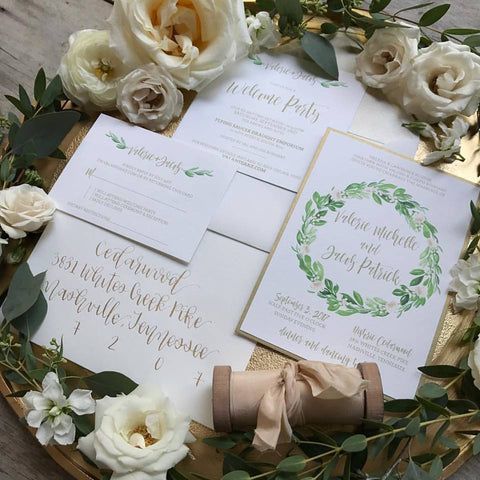 hand painted flower wedding invitation suite, flower water color greenery wedding invitation suite, wedding invitations with flower hand painted