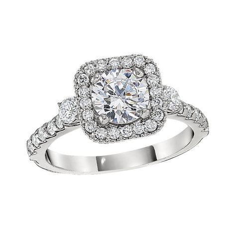 Classic Halo Three Stone Engagement Ring | Bella's Fine Jewelers