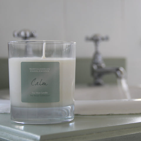 Calm Candle from The Relax Collection in bathroom