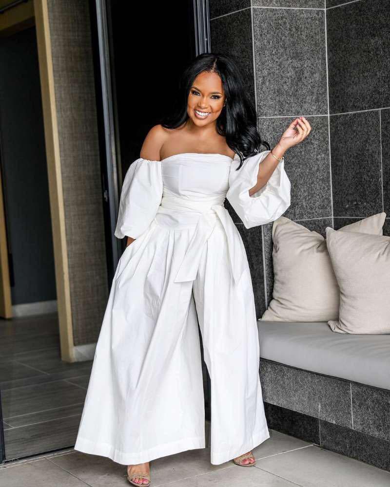 all white off the shoulder jumpsuit