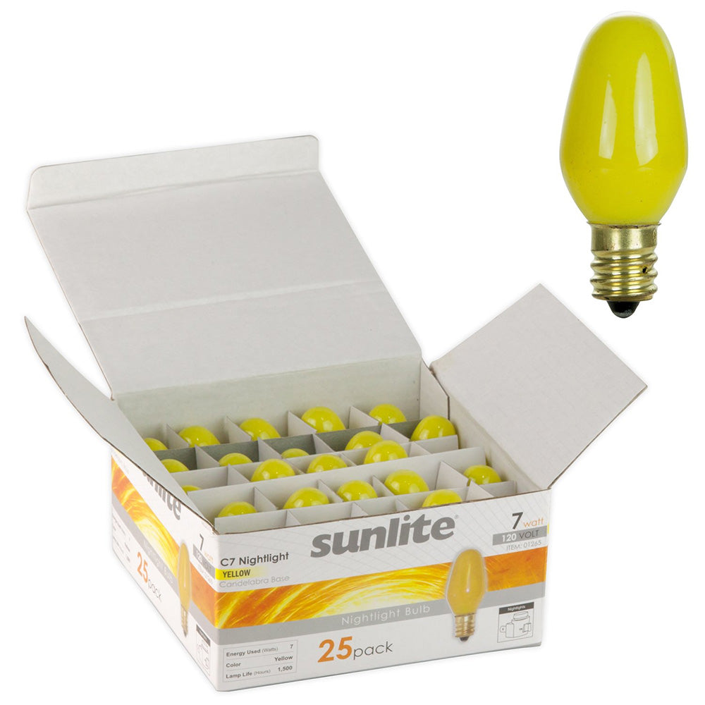 25Pk - SUNLITE 7w C7 120v Candelabra Base Yellow Bulb