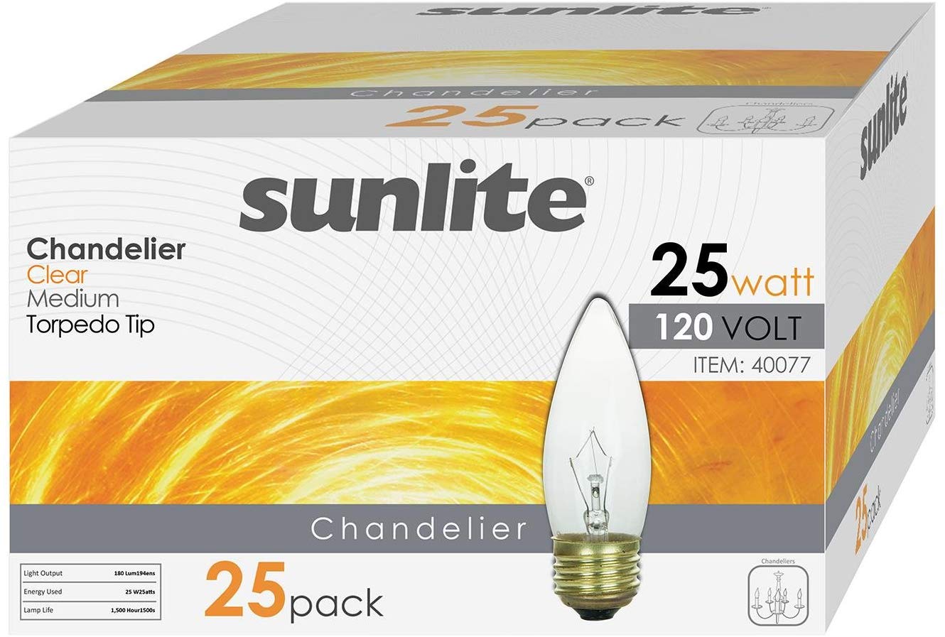 25PK - SUNLITE 25w 120v Candelabra E26 base Torpedo Clear bulbs