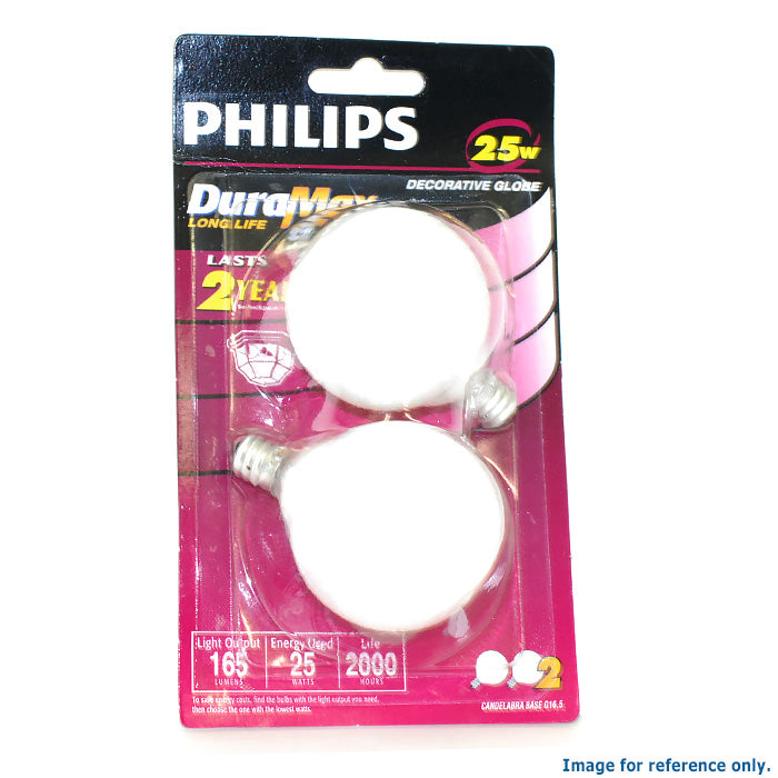 2 Pk - Philips 25w Globe G16.5 E12 Candelabra base DuraMax lamp