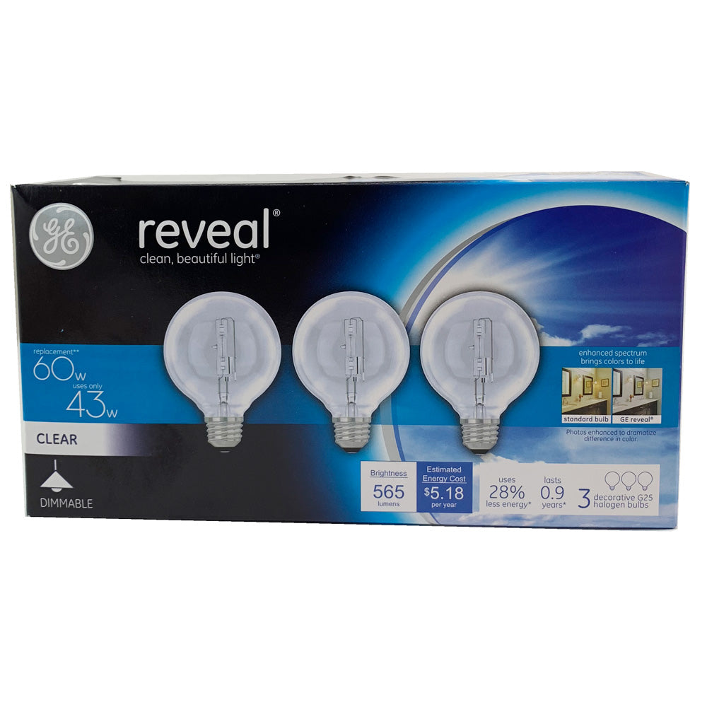 3 Pk. - GE 40w Globe G25 Reveal Halogen light bulb - 60w equivalent