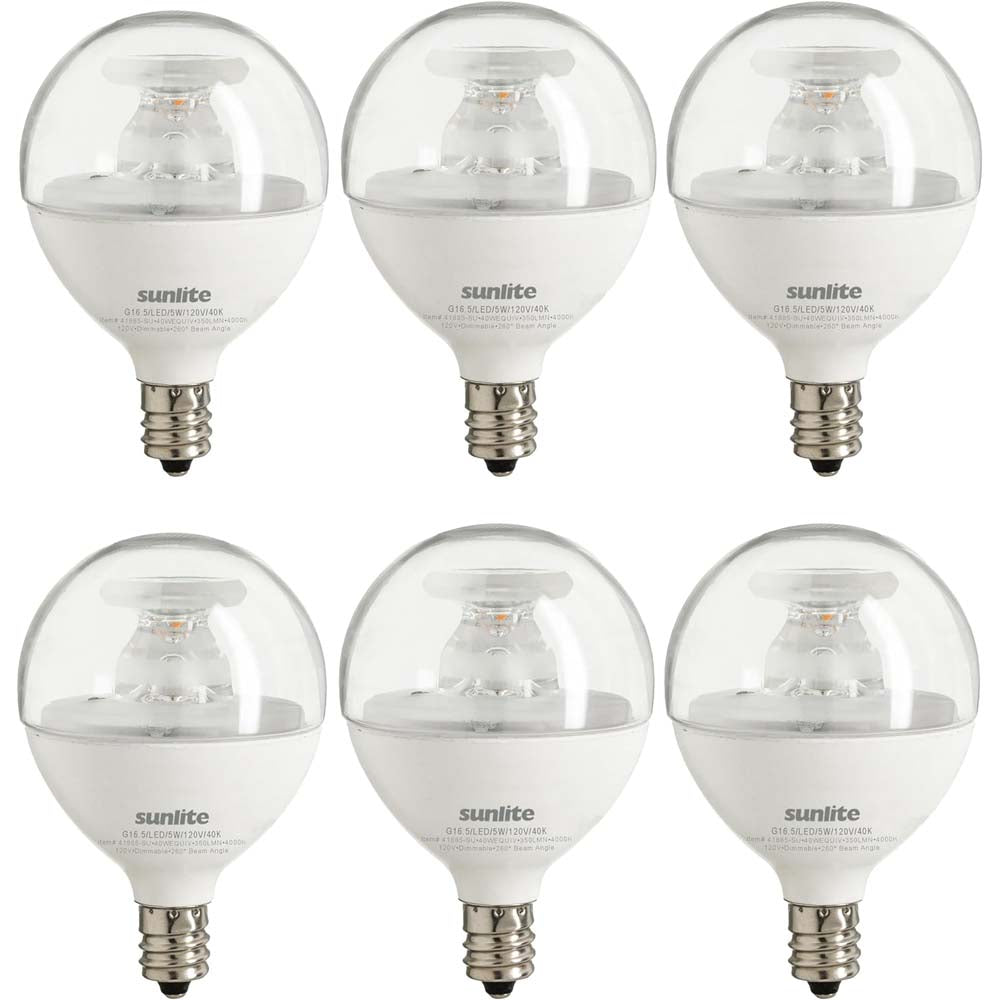 6Pk - Sunlite 5w LED G16.5 Clear Globe E12 Base 4000K Bulb - 40W Equiv