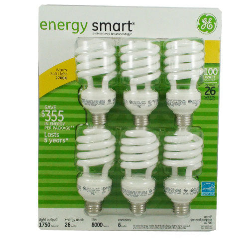 GE 26W 120V 60Hz 390mA Compact Fluorescent Twist Light Bulb x 6 Pack