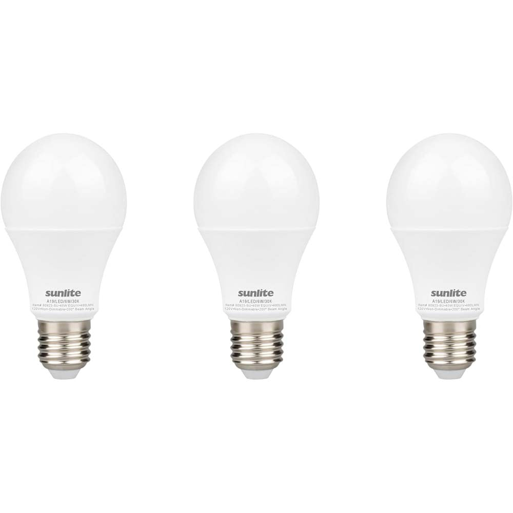 3Pk - Sunlite 6w LED A19 Non-Dimmable 3000K Warm White Bulb - 40w Equiv