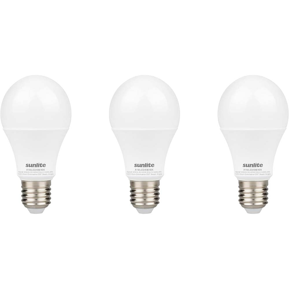 3Pk - Sunlite 6w LED A19 Non-Dimmable 4000K Cool White Bulb - 40w Equiv