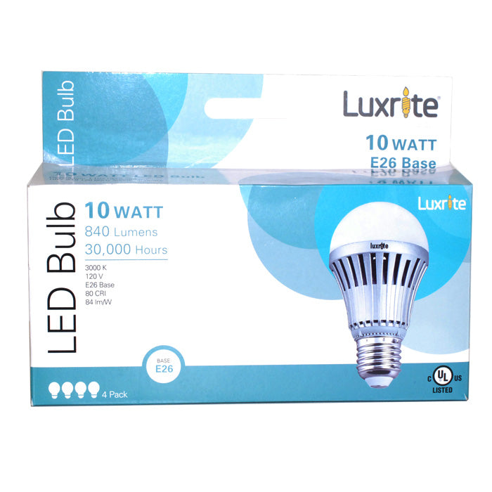 4 Bulbs - Luxrite 10w A-Shape A19 3000k E26 FL180 LED Dimmable Light Bulb