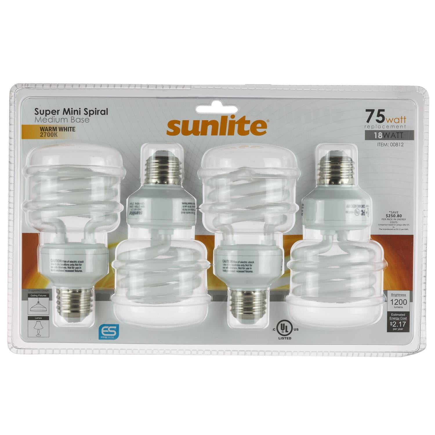 4Pk - SUNLITE 18w T2 Medium Base 2700K Warm White Super Mini Spiral Lamp