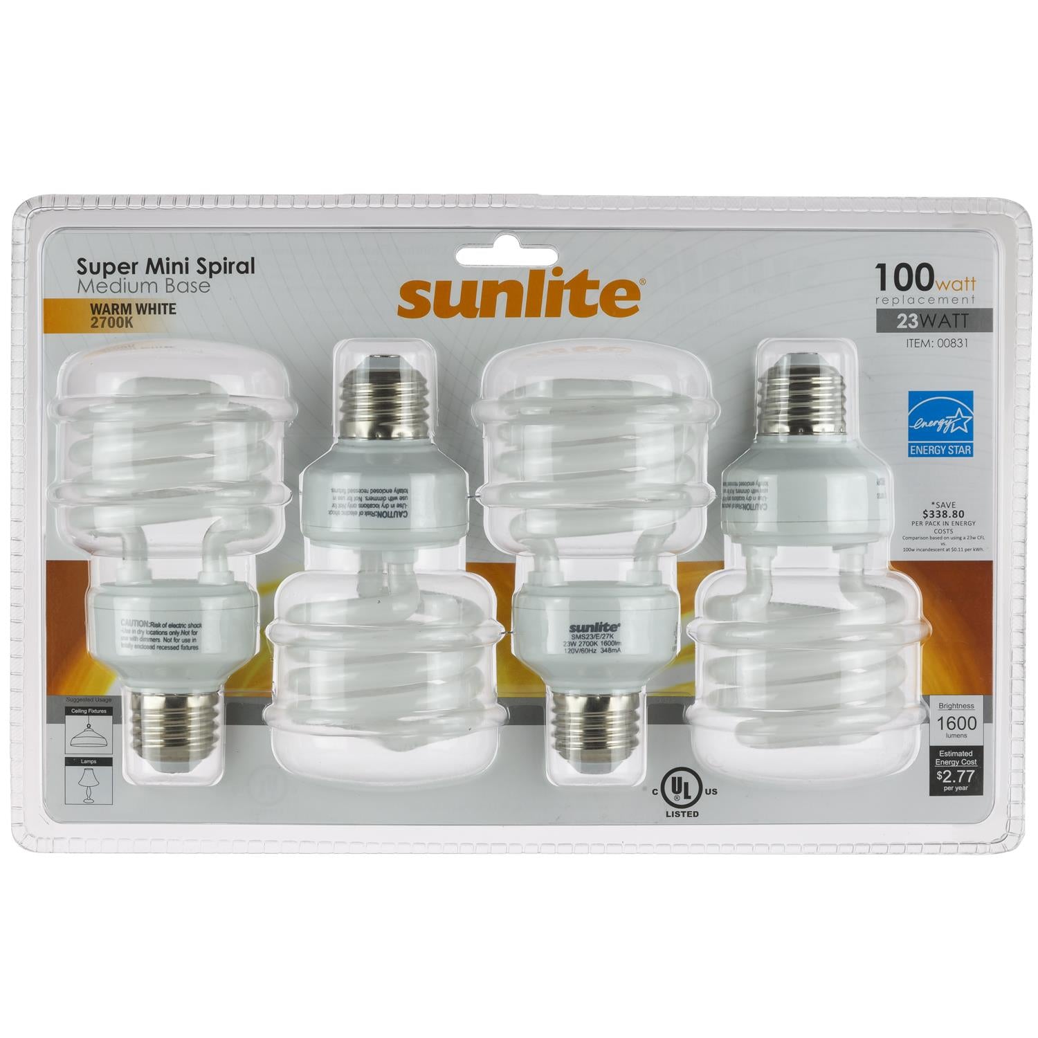 4Pk - SUNLITE 23w T2 Medium Base 2700K Warm White Super Mini Spiral Lamp