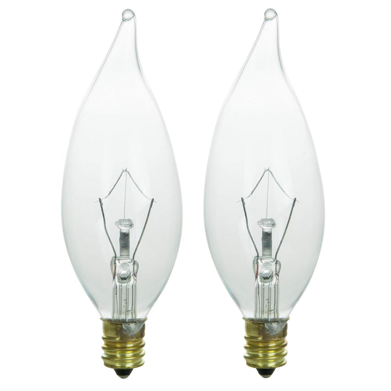 2Pk - SUNLITE 60w Candelabra Flame Tip Chandelier Clear Incandescent Bulb