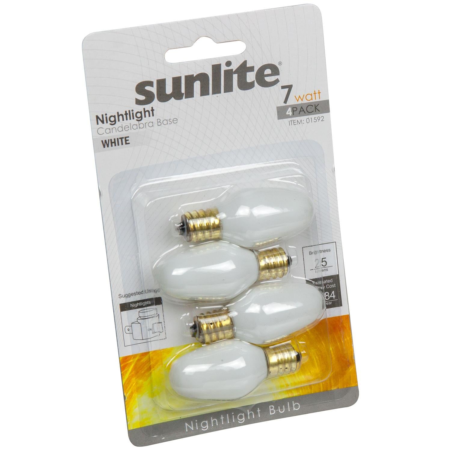 4Pk - SUNLITE 7w C7 120v Candelabra Base Night Light bulb - White finish