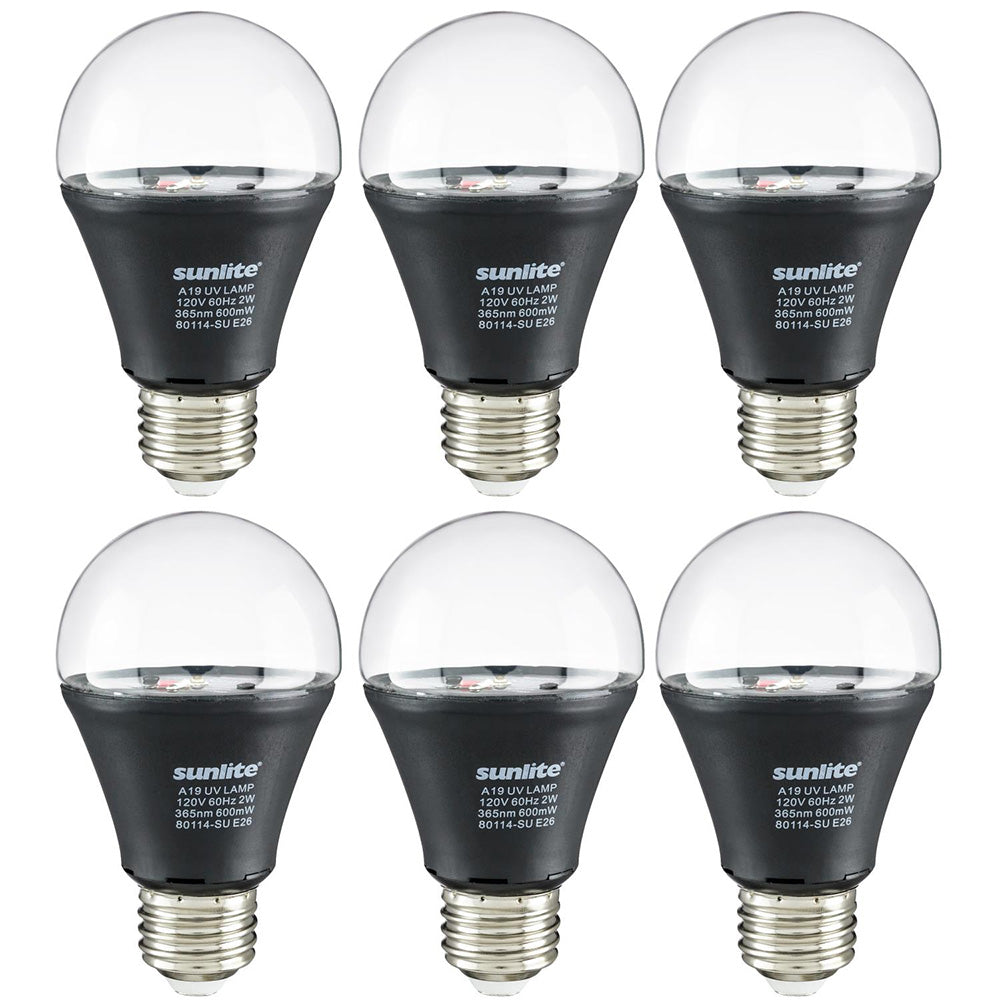 6Pk - 2 watts LED A19 Medium Base E26 Blacklight UV Bulb