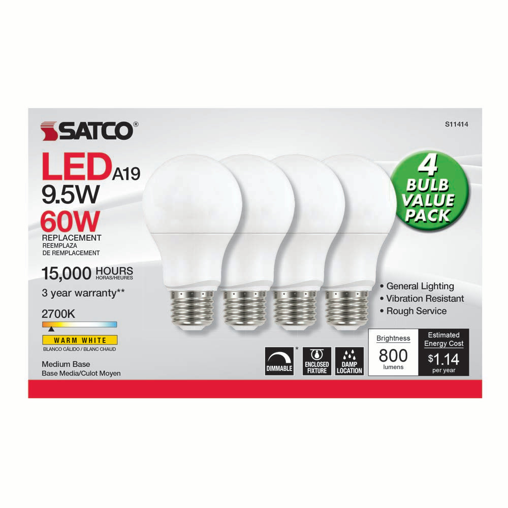 4Pk - Satco 9.5w 120v A19 LED Bulb E26 Medium Base 2700k Warm White - 60w-equiv